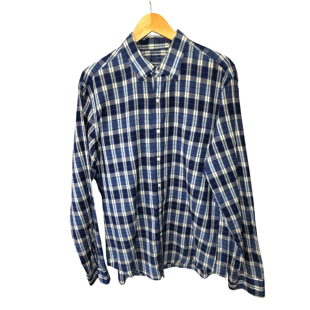J.Crew Mens Lightweight Chambray Plaid Button-Up Shirt Long Sleeve Classic Fit B